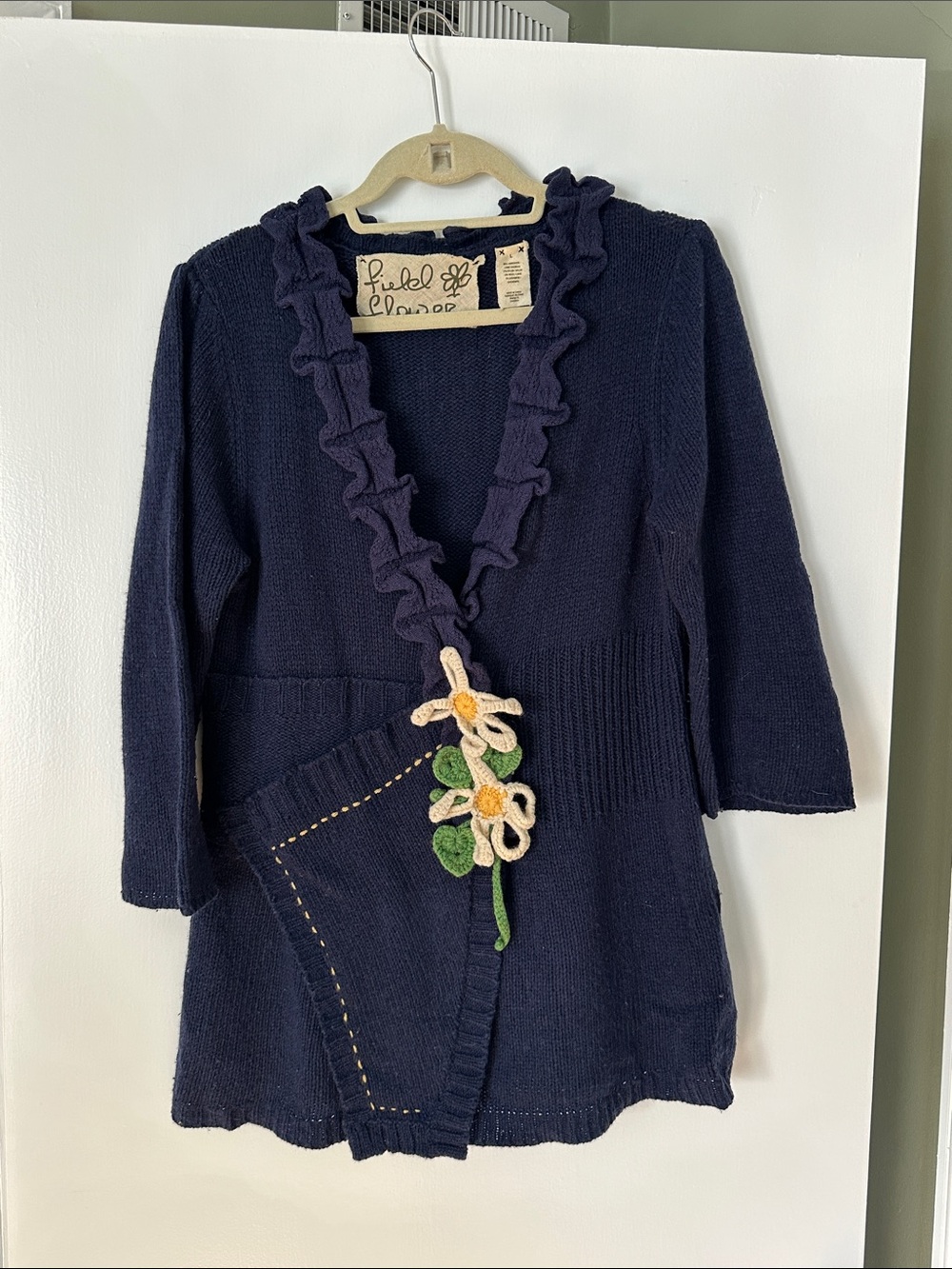 Anthropologie Field Flower Navy Floral Crochet Detail Ruffle Sweater Cardigan